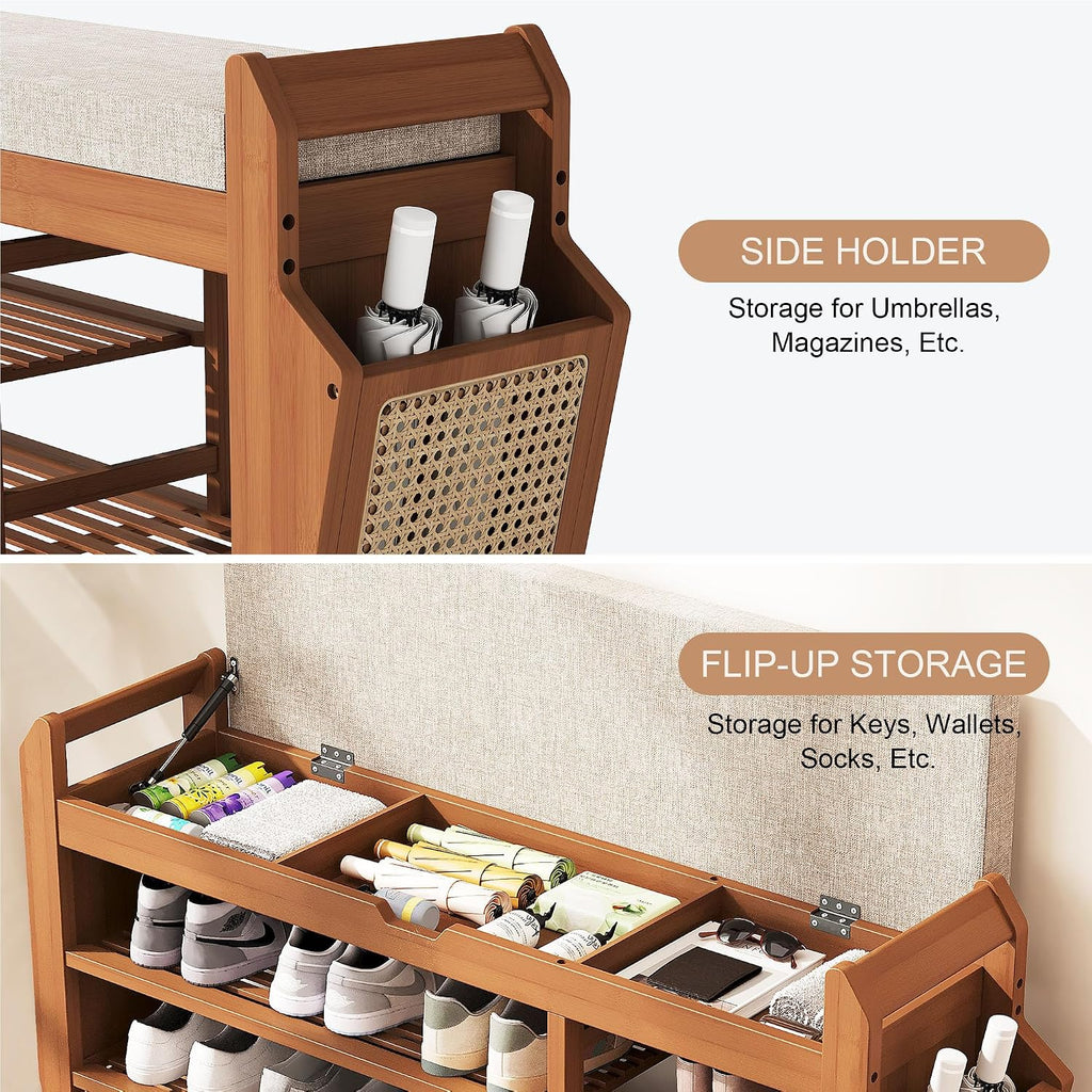 PETKABOO 39.4" Bamboo Shoe Rack Bench, 3-Tier Entryway Bench with Thick Cushion, Flip-Top & Side Storage, Holds Up to 550 LBS for Hallway, Living Room, Bedroom