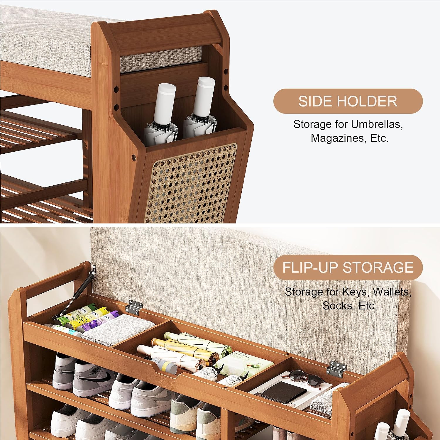 PETKABOO 39.4" Bamboo Shoe Rack Bench, 3-Tier Entryway Bench with Thick Cushion, Flip-Top & Side Storage, Holds Up to 550 LBS for Hallway, Living Room, Bedroom