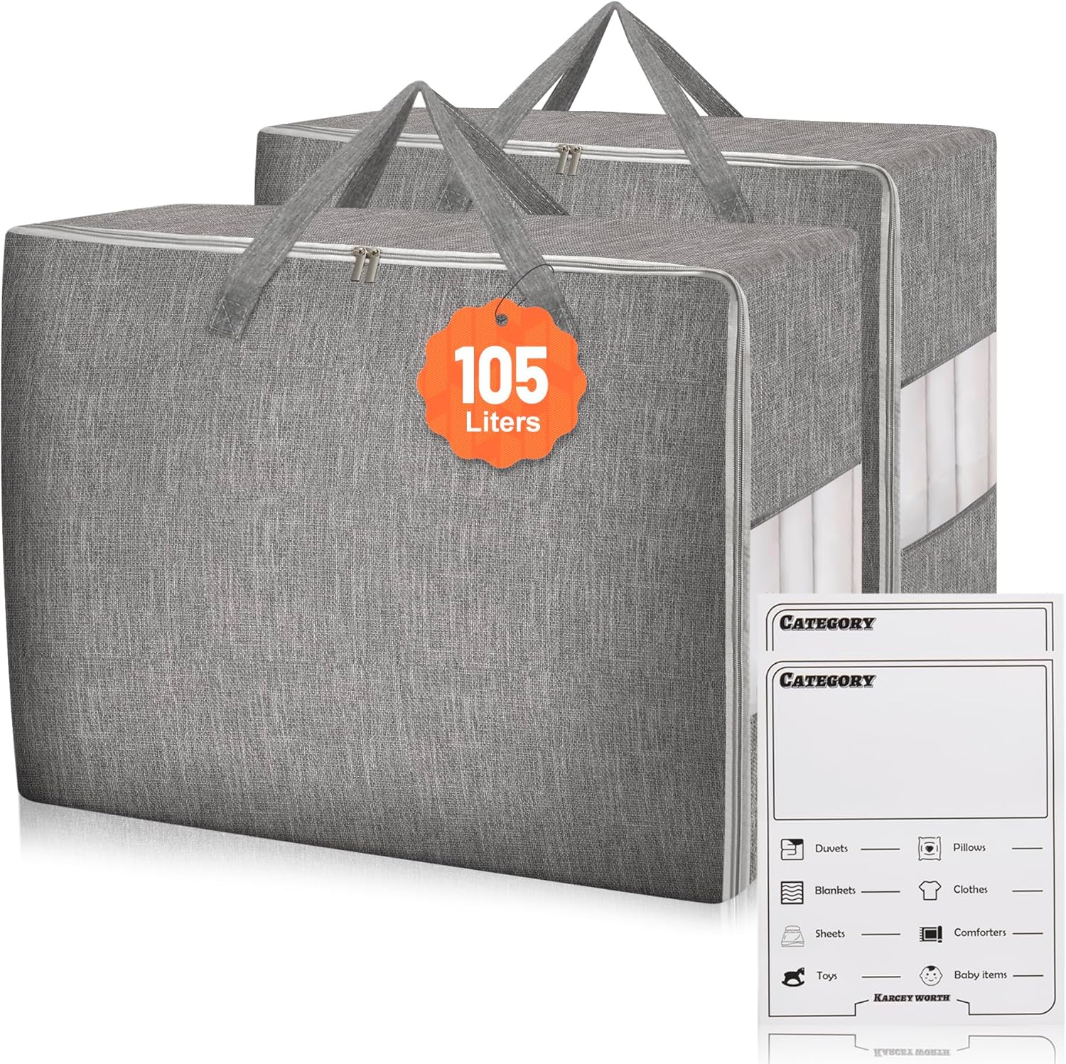 2 Pack 105L Comforter Storage Bags, Extra Large Bedding Storage Bags with Category Card and Clear Window, Reinforced Handles & Zippers, Foldable Closet Organizers for Blanket Pillow