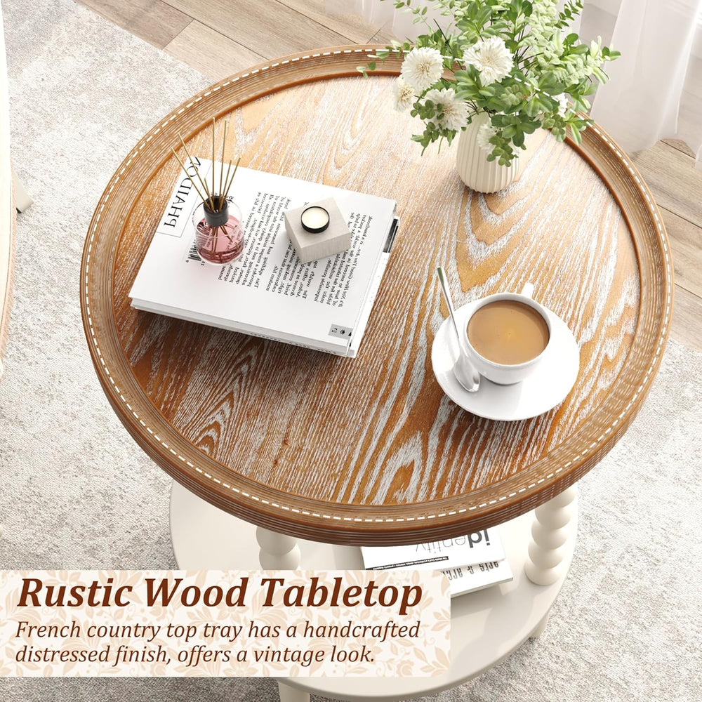 Function Home Round End Table, Farmhouse Side Table with Storage Shelf, 2 Tie...