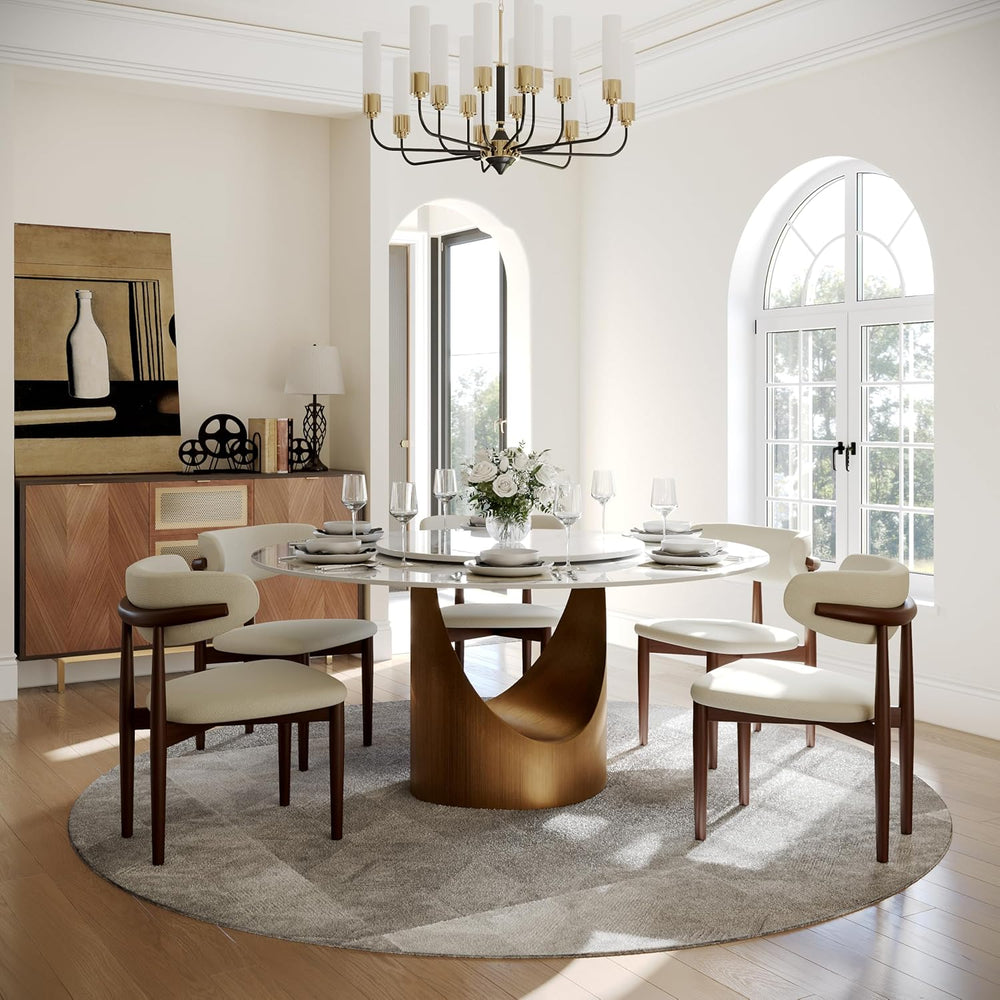 POVISON 59" Round Dining Table for 6 with Lazy Susan, Glossy White Sinte...