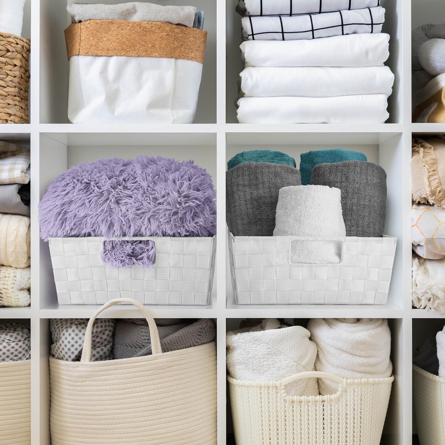 Sorbus Set of 3 Large Woven Storage Baskets – Mesh Hand-Woven Baskets for Organizing, Fabric Storage Bins for Linen Closet Organizer, Storage Baskets for Shelves and Home Organization (White)