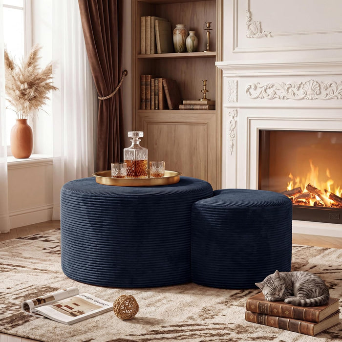 BSHOMGI Nesting Coffee Table Set of 2,Corduroy Ottoman Soft Foot Rest Movable LargePouf Footstool for Living Room Sofa Couch Bedroom Entryway and Small Spaces No Assembly (Blue, 32"+17")