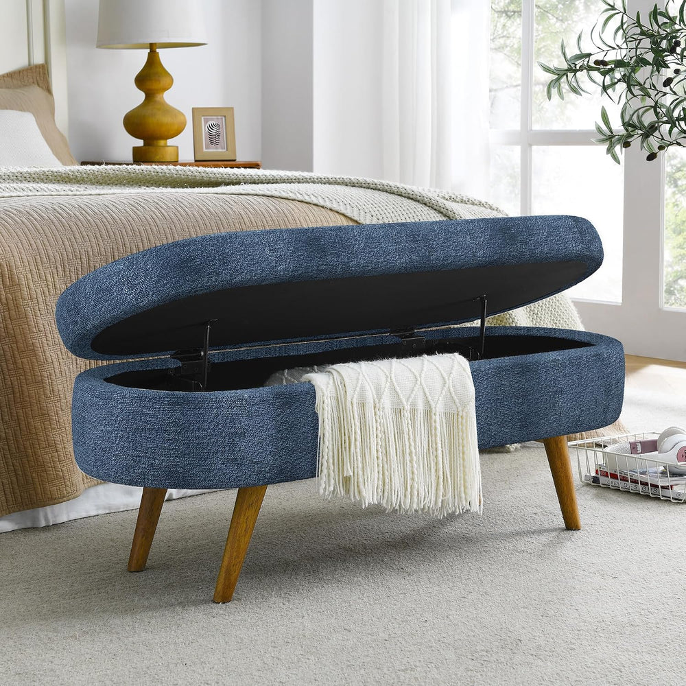 43.5" Storage Ottoman Bench, Dark Blue | Safety Hinge, Linen, Upholstere...