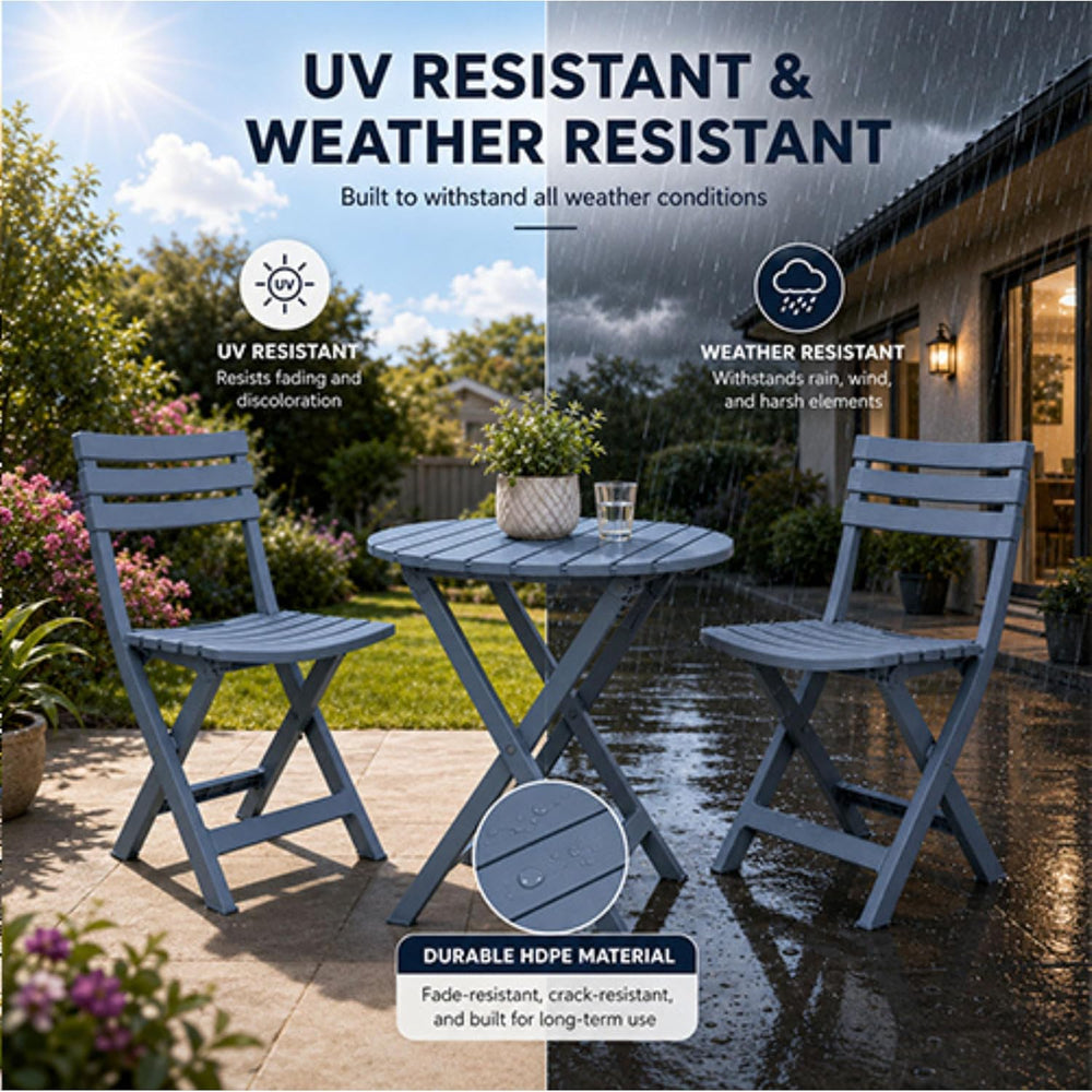 3 Piece Outdoor Bistro Set, Round Folding Patio Table and 2 Chairs, Blue