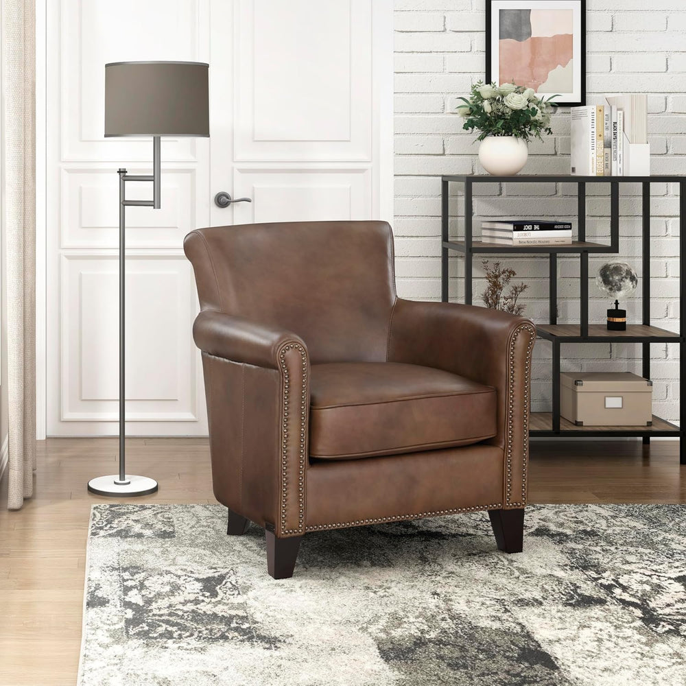 Lexicon Top Grain Genuine Leather Chair, Rolled Armrest, Classic Brown | Livi...