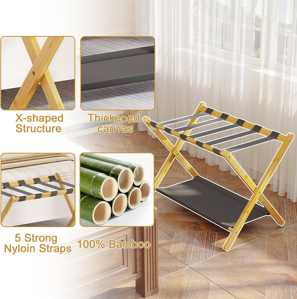 BAMBOOHOMIE Bamboo Luggage Rack for Guest Room, 26.77" Folding Wide Suitcase Stand with Fabric Storage Shelf, Thickened Luggage Stand Holder for Bedroom Hotel, Luggage Rack for Suitcases (2 Pack - Natural)