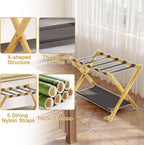BAMBOOHOMIE Bamboo Luggage Rack for Guest Room, 26.77" Folding Wide Suitcase Stand with Fabric Storage Shelf, Thickened Luggage Stand Holder for Bedroom Hotel, Luggage Rack for Suitcases (2 Pack - Natural)