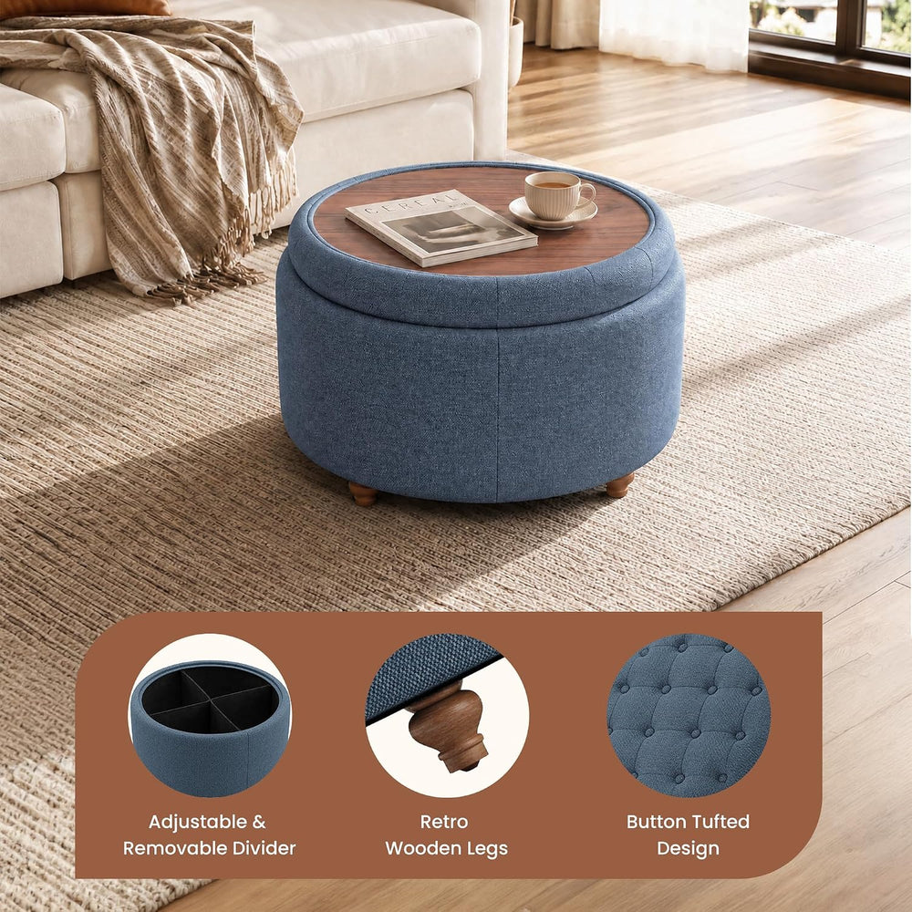 25" Round Ottoman with Storage, Small Coffee Table with Reversible Tray ...