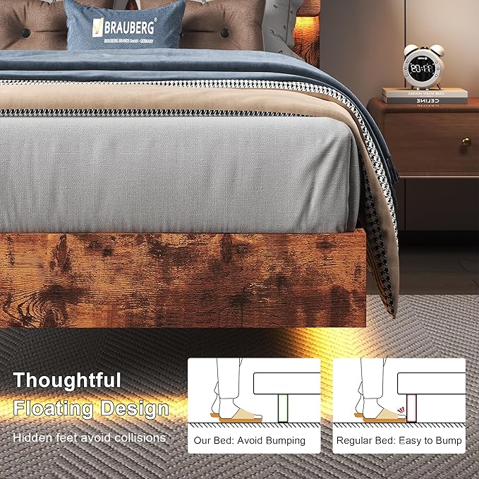 Feonase Twin Floating Bed Frame with Led Lights and Charging Station, Wood Twin Size Bed Frame with Storage Headboard, Heavy Duty Metal Slats, No Box Spring Needed, Easy Assembly, Vintage Brown
