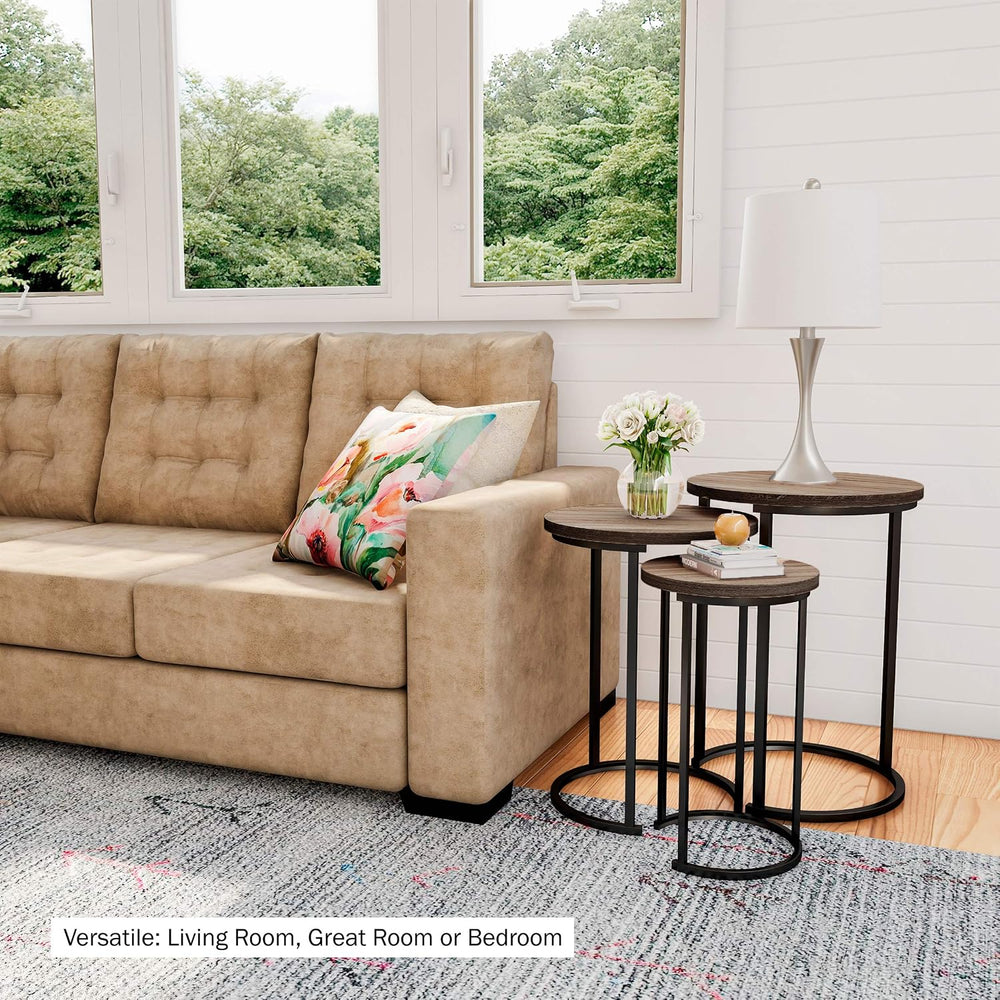 Lavish Home Round Nesting Tables Set of 3, Woodgrain-Look Top, Gray-Brown | 2...