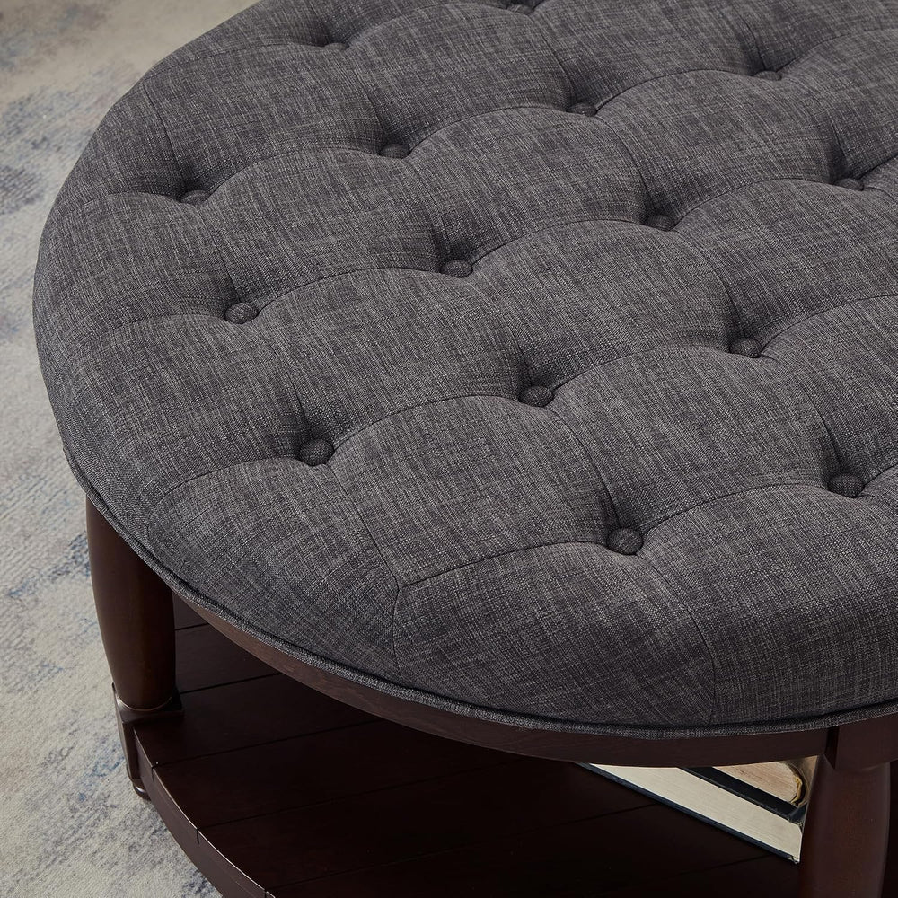 RENSGO 32.5" Large Round Upholstered Tufted Linen Ottoman Coffee Table, ...