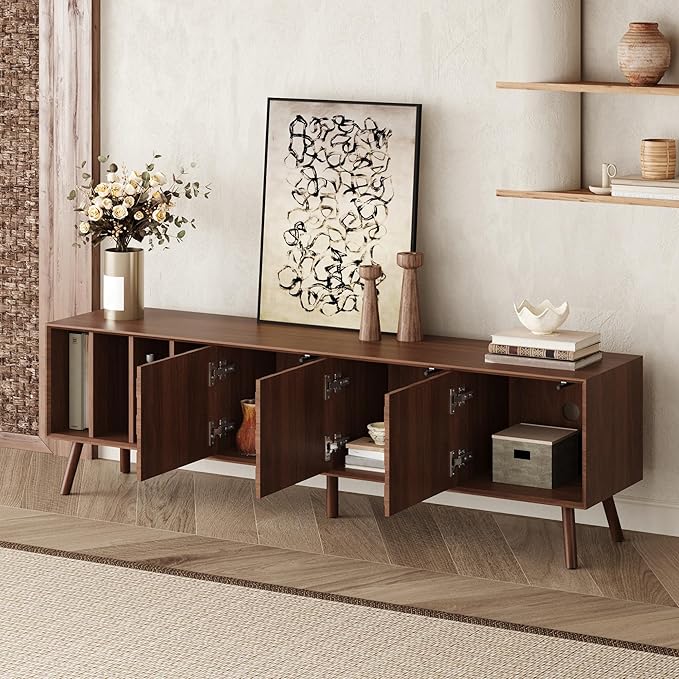 Merax 70" TV Stand for TVs Up to 80", Modern Entertainment Center with 3 Doors and Vertical Open Shelves, Media Console with Unique Mosaic Front Design for Living Room