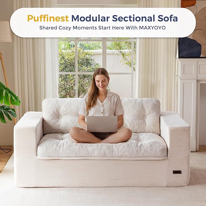 MAXYOYO 63" Loveseat Sofa Couch for Small Spaces, Upholstered Boneless Cloud Couch for Apartment Bedroom, 2-Seater Love Seat Floor Modern Sofa with Pillows, No Assembly Required, Beige