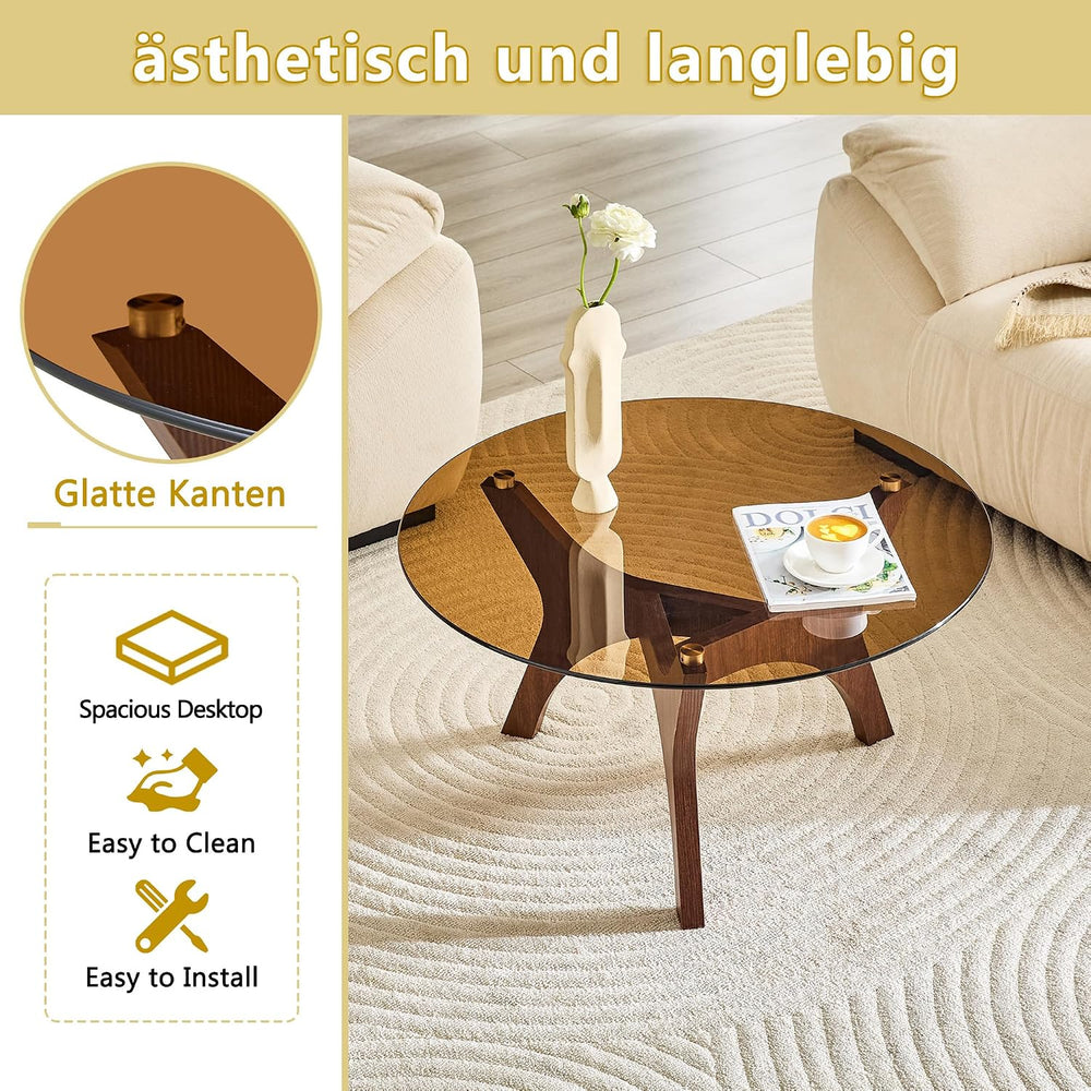 31.5" Glass Coffee Table, Mid-Century Modern Style, Walnut | Tempered gl...
