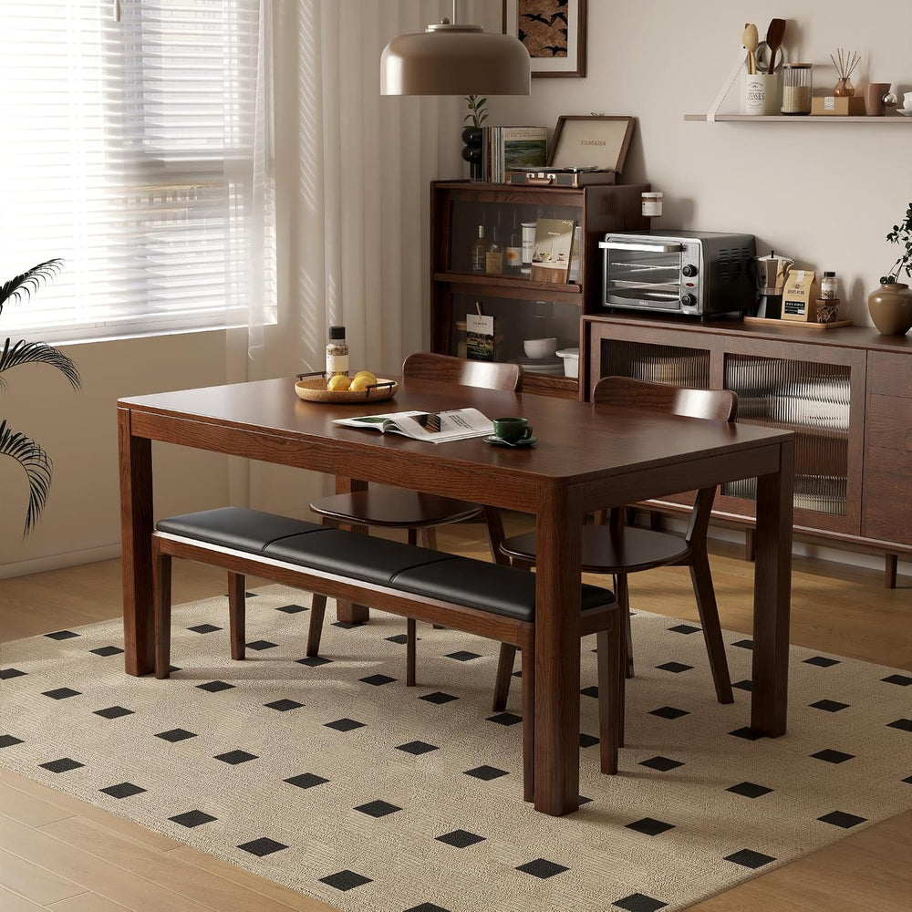 55" Solid Oak Dining Bench with Faux Leather Upholstered Seat, Mid Centu...