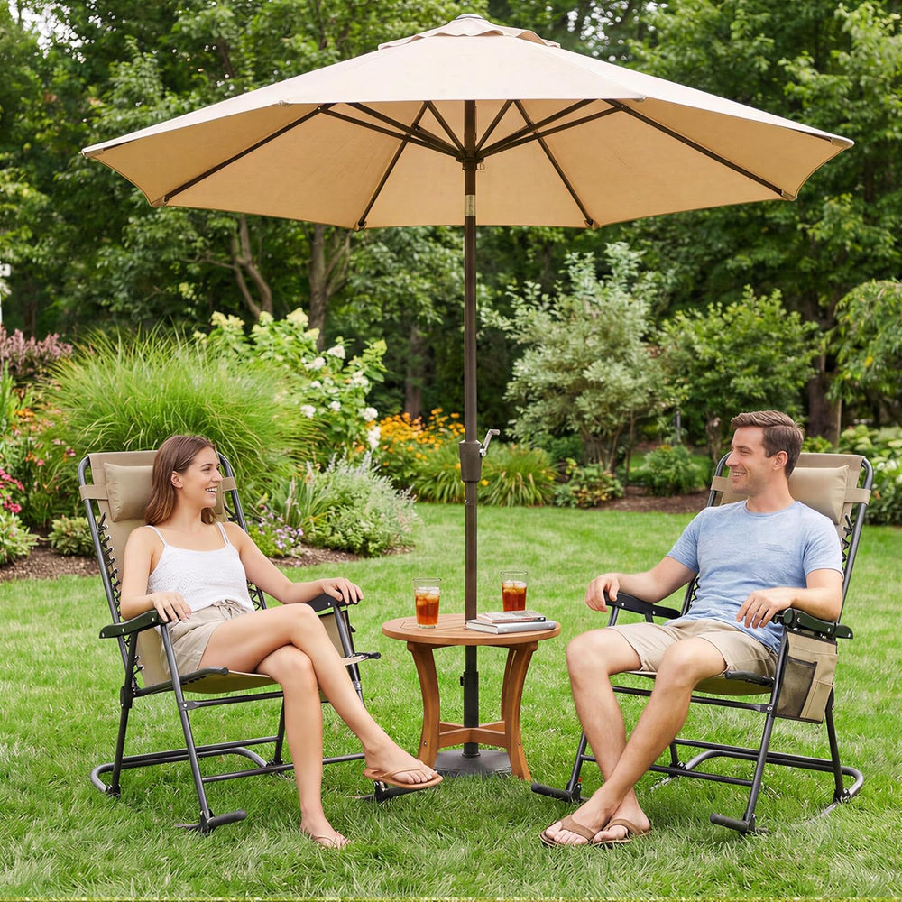 Yaheetech Patio Rocking Chair Folding Camping Chair with Pocket, Beige | Fold...