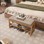 Shoe Rack Bench with Cotton-Linen Cushion 2-Tier Wooden Storage Bench 550lbs Compact Simple & Modern Design for Entryway, Hallway, Bedroom, Living Room, Closet, Front Door Entrance, Foyer