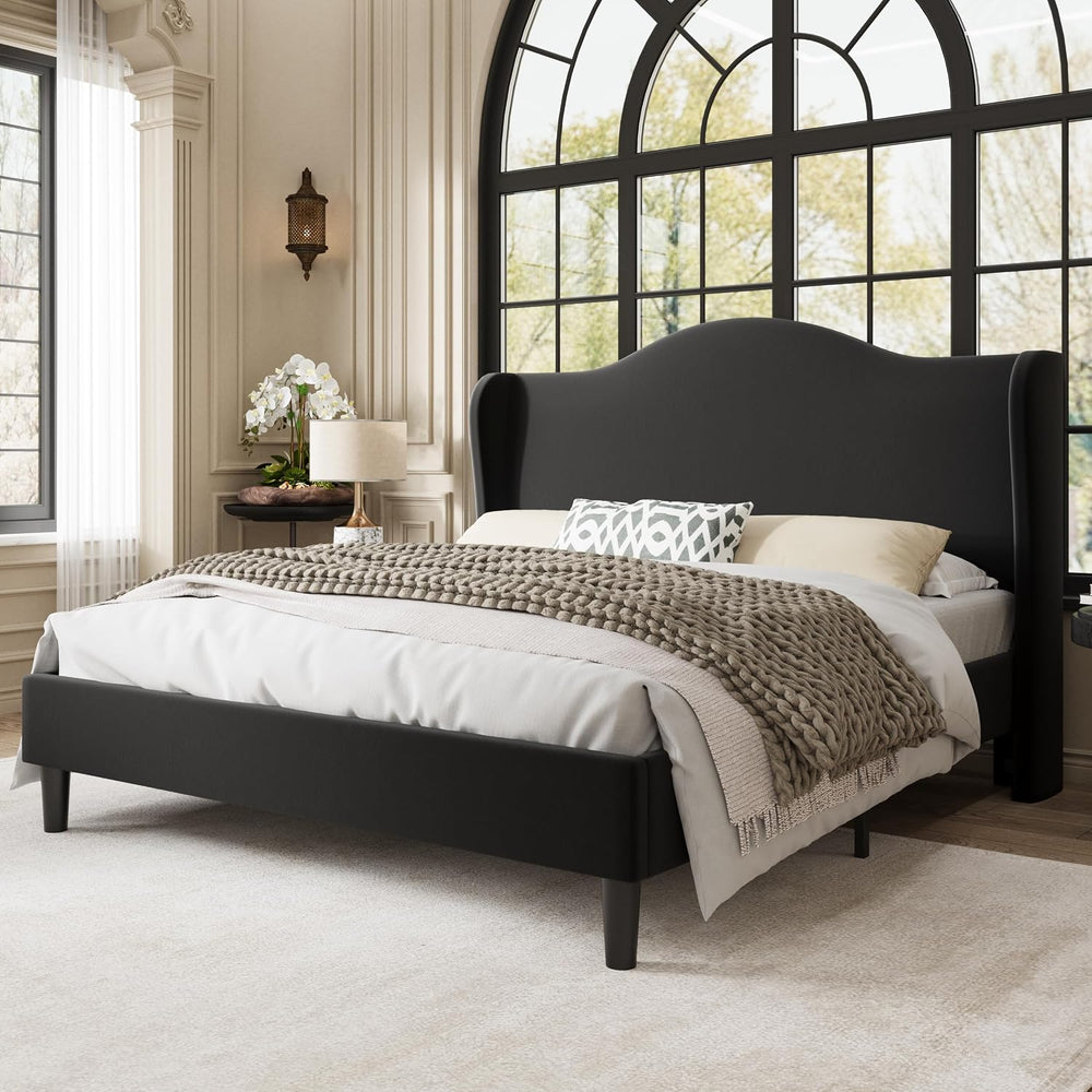 Allewie Queen Size Bed Frame, Plush Velvet Wingback, Modern Style, Black