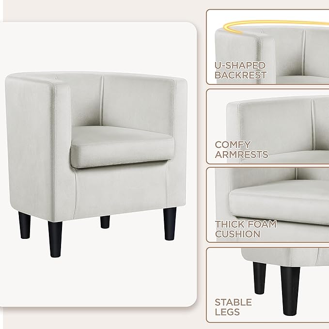 Yaheetech Velvet Accent Chair, Modern and Comfortable Armchairs, Upholstered Barrel Sofa Chair for Living Room Bedroom Waiting Room, Beige