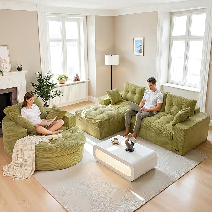 MAXYOYO L Shape Sectional Sofa Couch and Round Chaise Lounge, Modern Cloud Couch with Ottoman, Comfy Sofa with Layered Cushion, Tufted Upholstered Sleeper Chair for Living Room, No Assembly Required