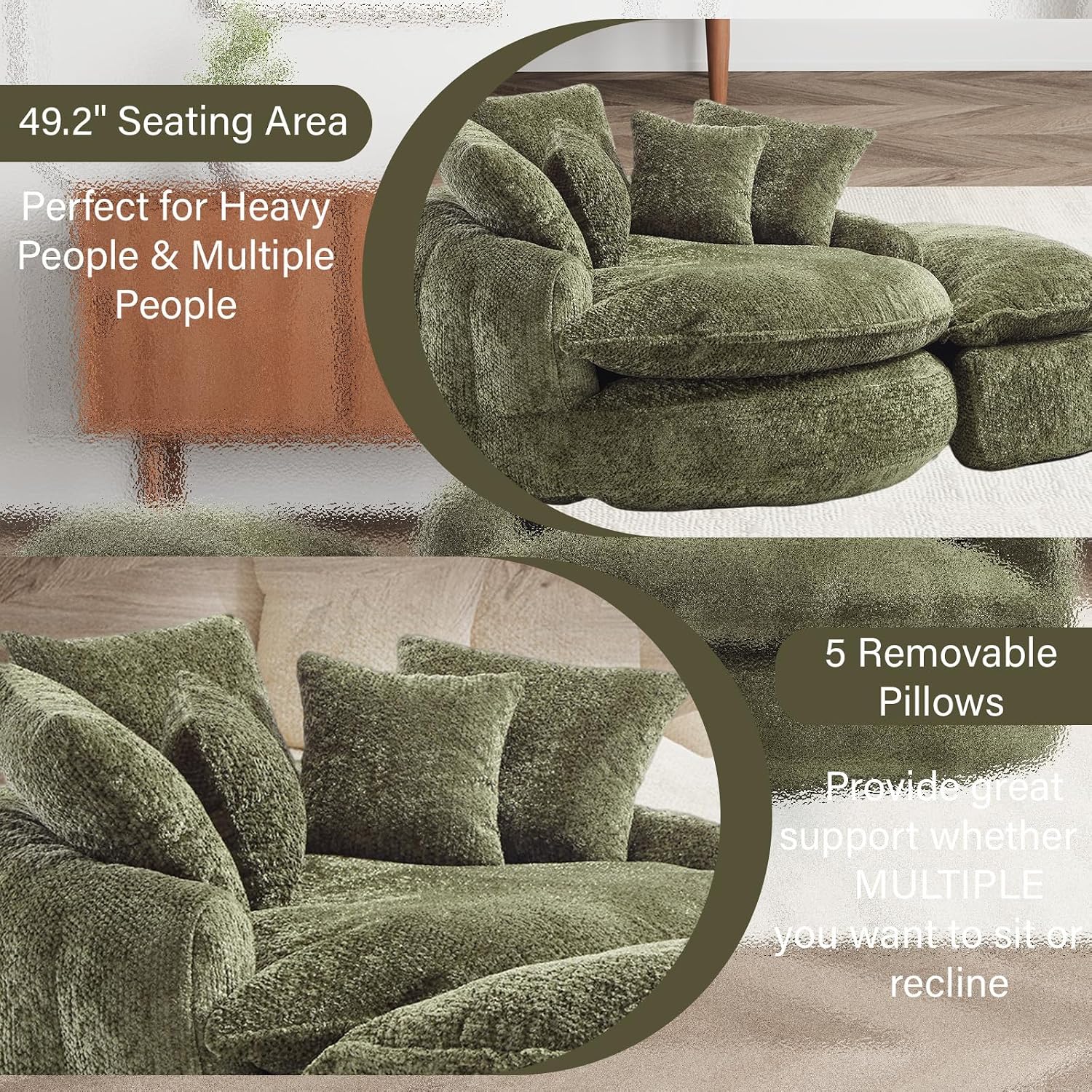 54'' Oversized Round Bean Bag Chaise Lounge Barrel Chair with Movable Ottoman, Fluffy Cloud Couch Boneless Round Sofa Chair for Living Room, Bedroom, Apartment, Green
