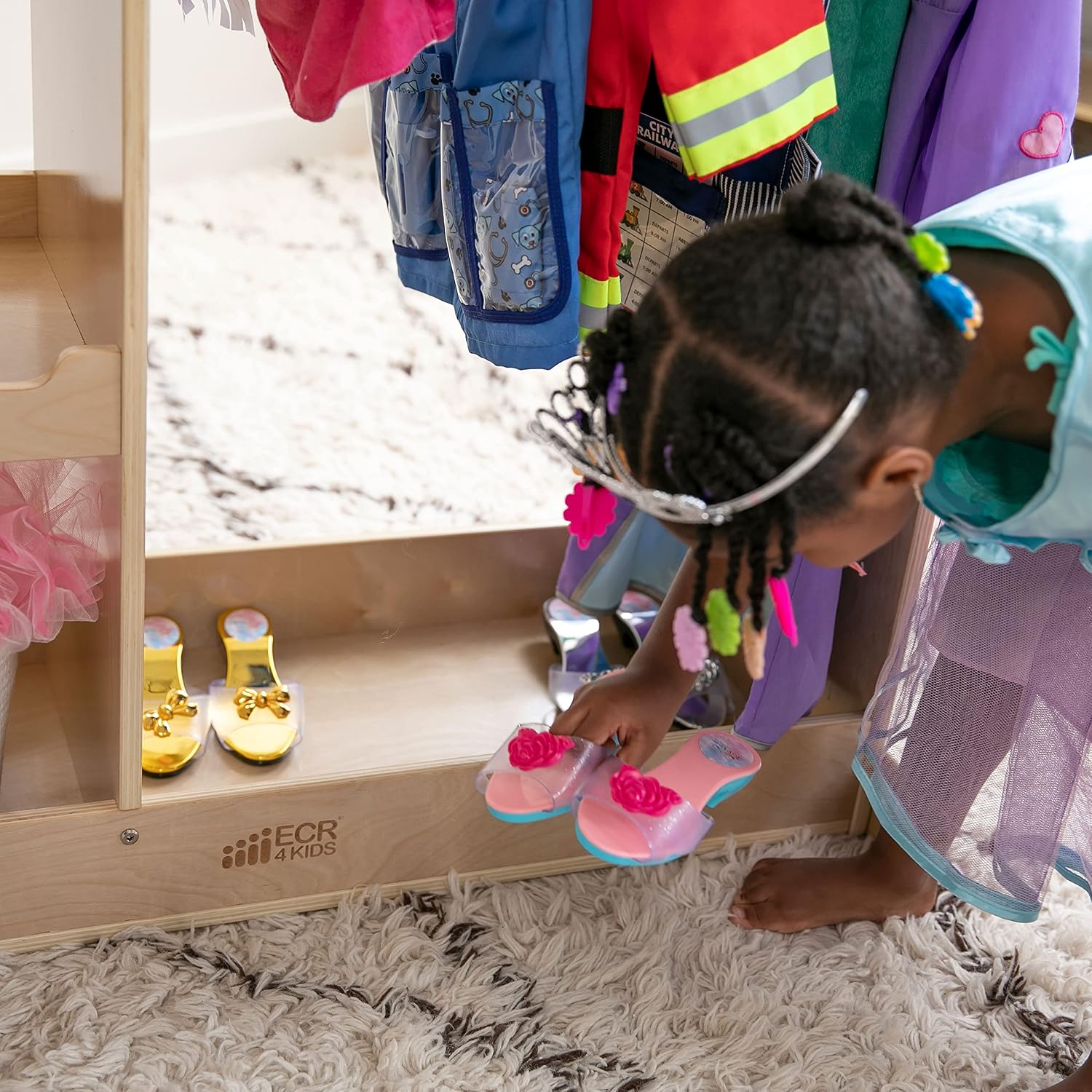ECR4Kids Dress-Up Center with Mirror, Costume Organizer, Montessori Furniture, Natural