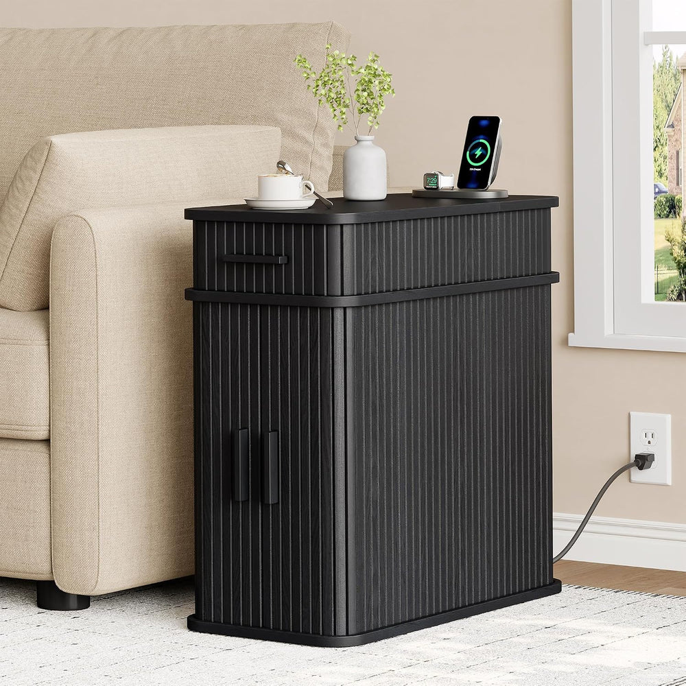 ONBRILL Fluted End Table, Narrow Side Table, 23.62" H, Black