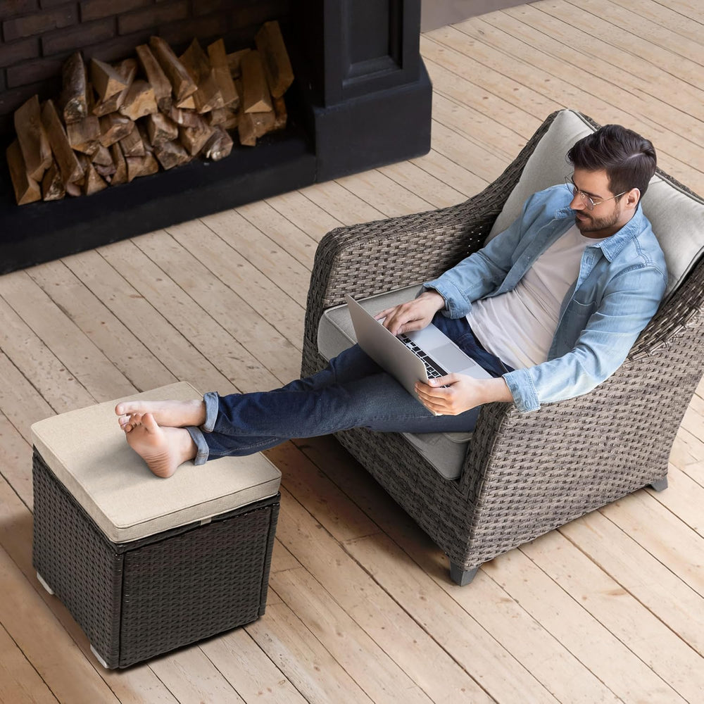 NUU GARDEN Outdoor 2 Piece Outdoor Patio Ottoman, All Weather Rattan Wicker O...