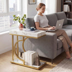 Tribesigns C Shaped Side Table for Coach Modern Narrow End Table with Metal Frame,Sofa Table Bedside Table for Living Room Bedroom (White&Gold)