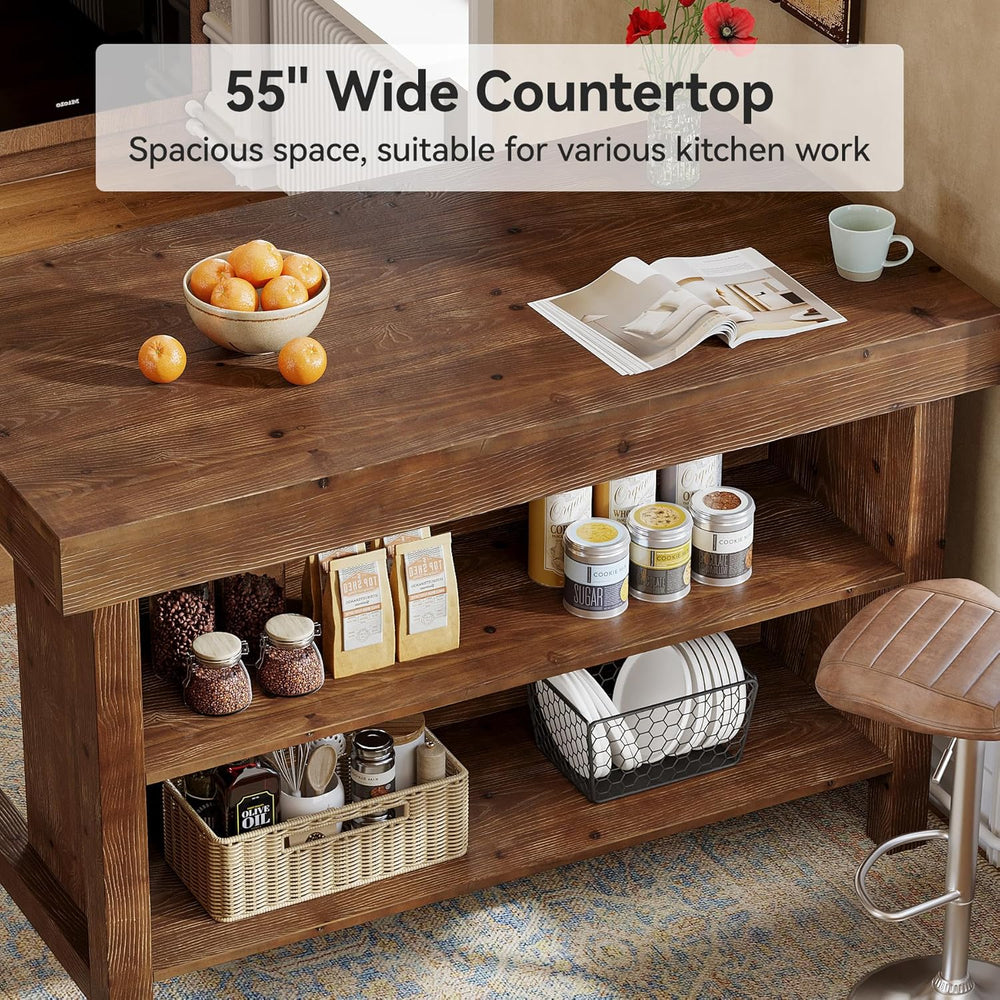 55" Solid Wood Kitchen Island with Storage, Farmhouse Kitchen Island Tab...