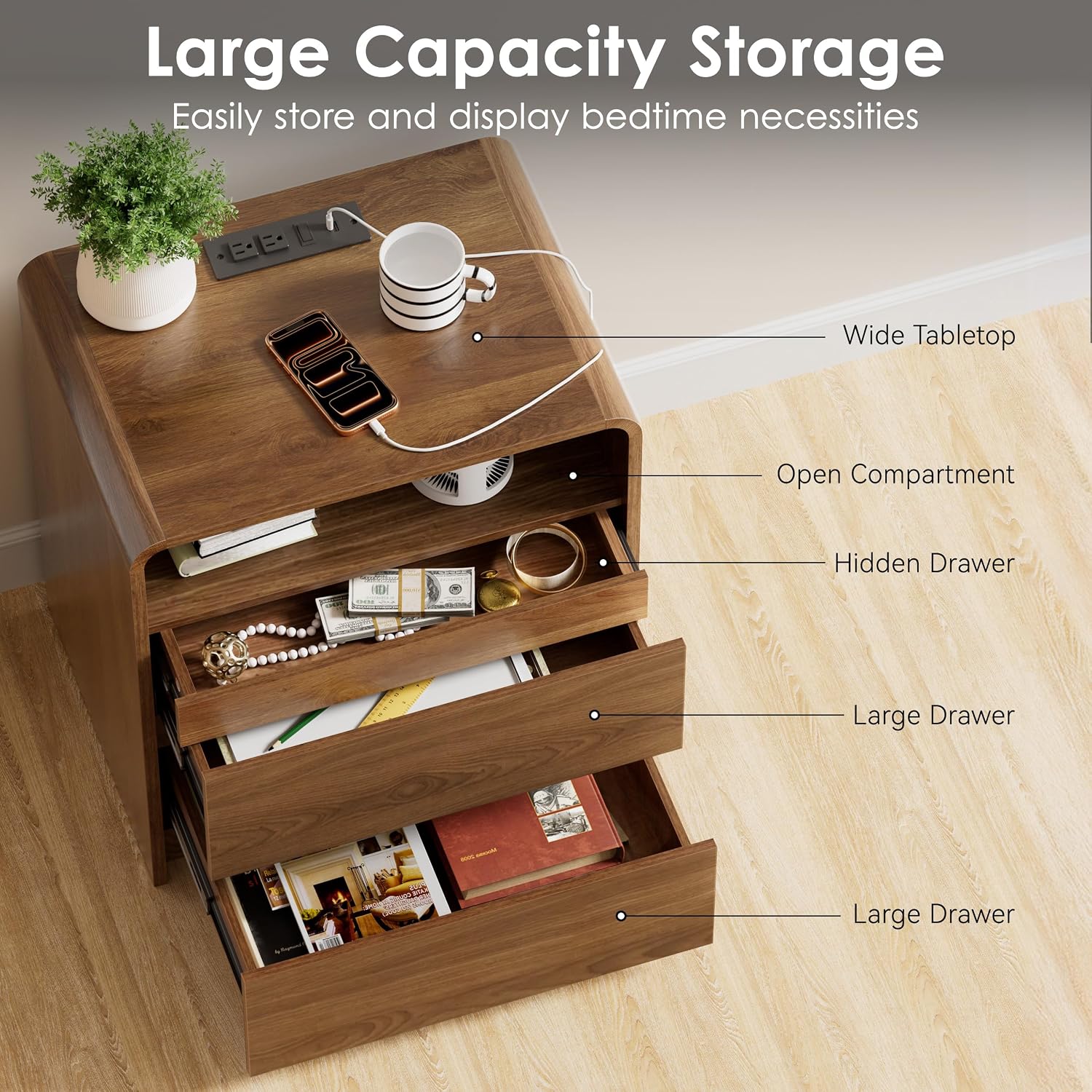 23.8" Modern Nightstand with Hidden Drawers Walnut Night Stand | Walnut Night Stand with Charger Station Soft-Close Drawers Nightstand Mid Century Bedside Table for Bedroom