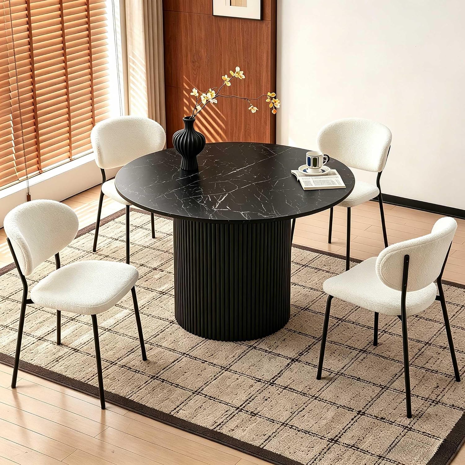 Homedot 5 Pieces Kitchen Dining Room Table Set for 4, Industrial White Dining Table Round with Boucle Dining Chairs Upholstered Set for 4, 47" Kitchen Table & Chairs Set for Restaurant Reception Room