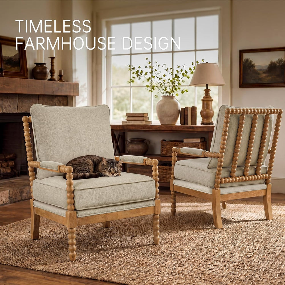 Morden Fort Linen Fabric Spindle Accent Chair with Wood Frame, French Style A...