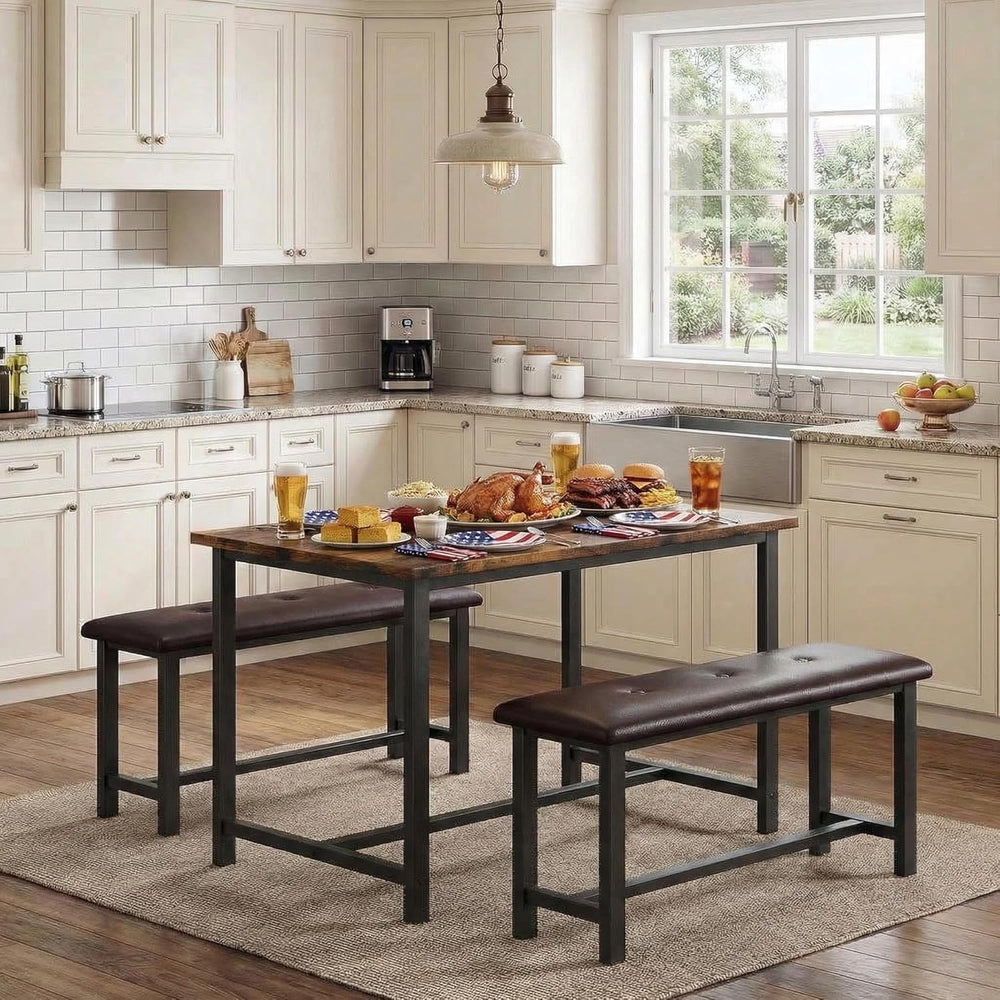 GarveeHome Dining Table Set for 4, Kitchen Table with 2 Upholstered Benches, ...