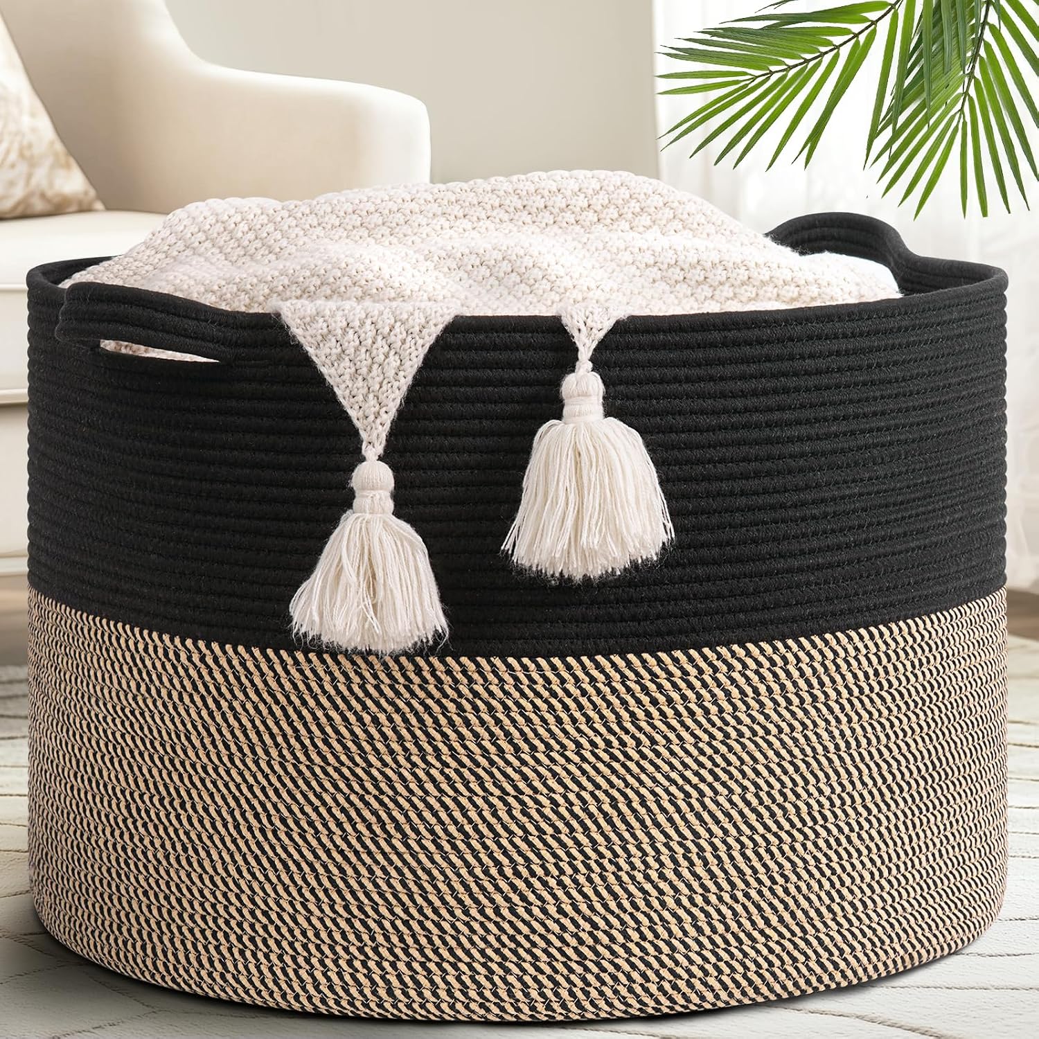 Goodpick 115L Extra Large Blanket Basket, Kids Toy Storage for Nusery Room | 23.5 x 23.5 x 15.8 In Woven Basket for Storage, Kids Toy Storage for Playroom, Laundry Basket for Towels, Black & Mix Jute