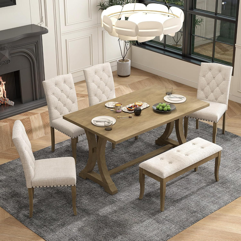 Mirightone Farmhouse Dining Table Set for 6, Dining Table with Bench and Chai...