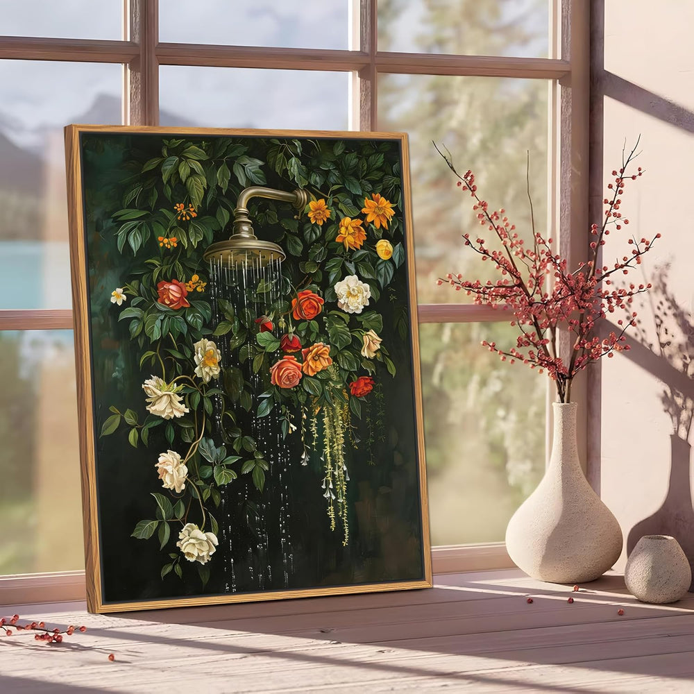 Floating Framed Floral Shower Wall Art, Vintage Botanical Flower Canvas Print...
