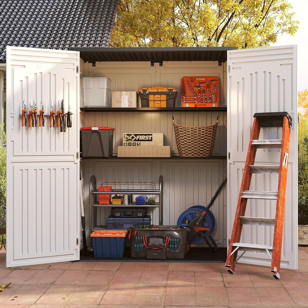 EHHLY Vertical Resin Storage Shed, 60 Cuft Garden Tool Sheds & Outdoor Storage, Plastic Outdoor Storage Cabinet Waterproof, 4.5 x 2.3 ft Backyard Outside Lawn Mower Storage Shed, Light Grey