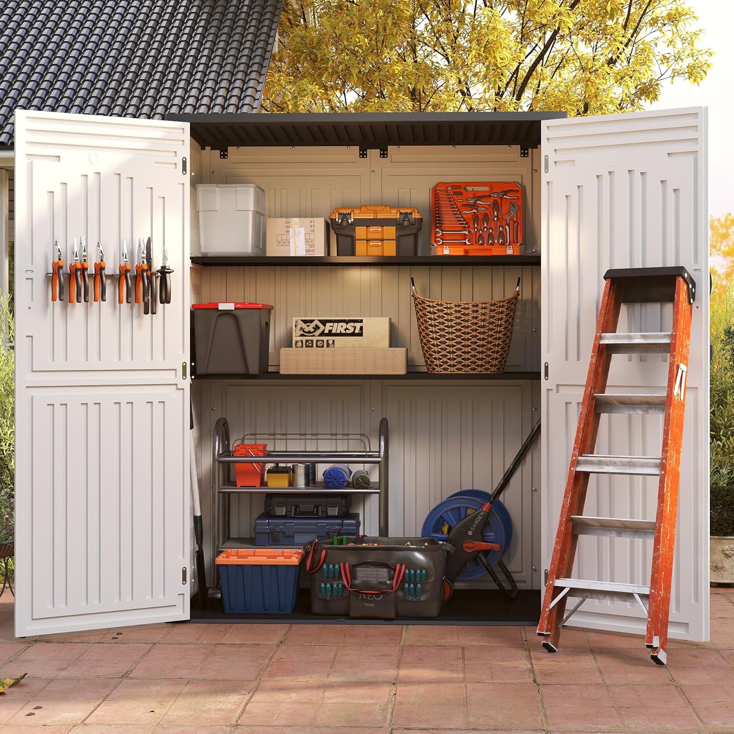 EHHLY Vertical Resin Storage Shed, 60 Cuft Garden Tool Sheds & Outdoor Storage, Plastic Outdoor Storage Cabinet Waterproof, 4.5 x 2.3 ft Backyard Outside Lawn Mower Storage Shed, Light Grey