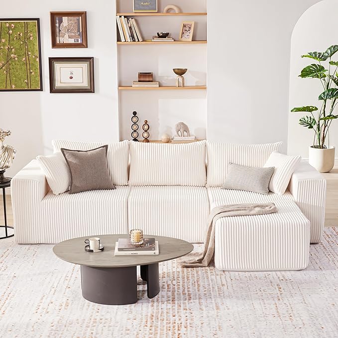 107.4" Cloud Couch Sectional, Modular Sofa with Deep Seat, Plush Corduroy L Shaped Boneless Couch, Convertible Sectional Couches for Living Room, 4Seat, Beige