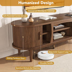Decofy 63" Fluted TV Stand for TVs Up to 70" with Charging Station, Walnut | Mid Century Modern Built-in Charging Station Sliding Tambour Doors Adjustable Shelves Entertainment Center Solid Wood Legs