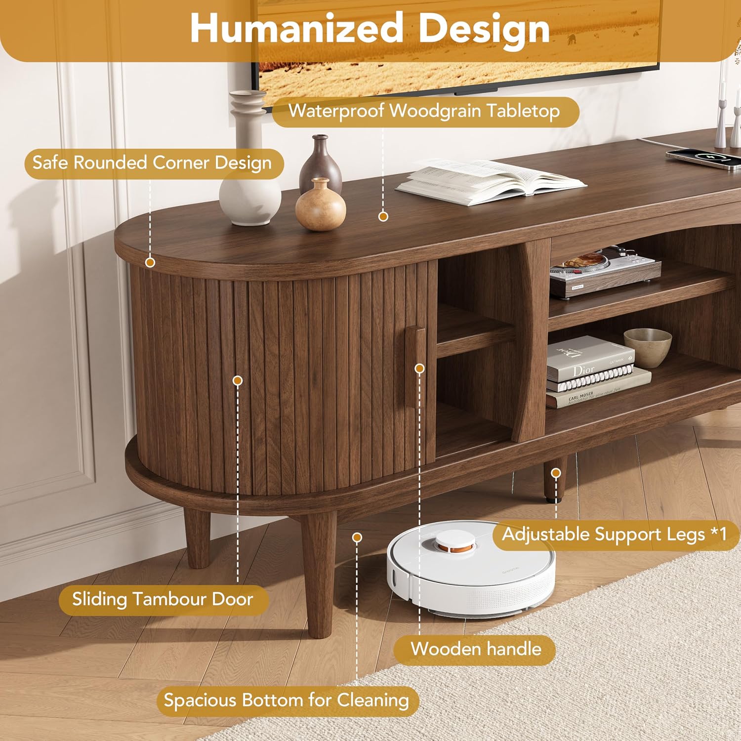 Decofy 63" Fluted TV Stand for TVs Up to 70" with Charging Station, Walnut | Mid Century Modern Built-in Charging Station Sliding Tambour Doors Adjustable Shelves Entertainment Center Solid Wood Legs