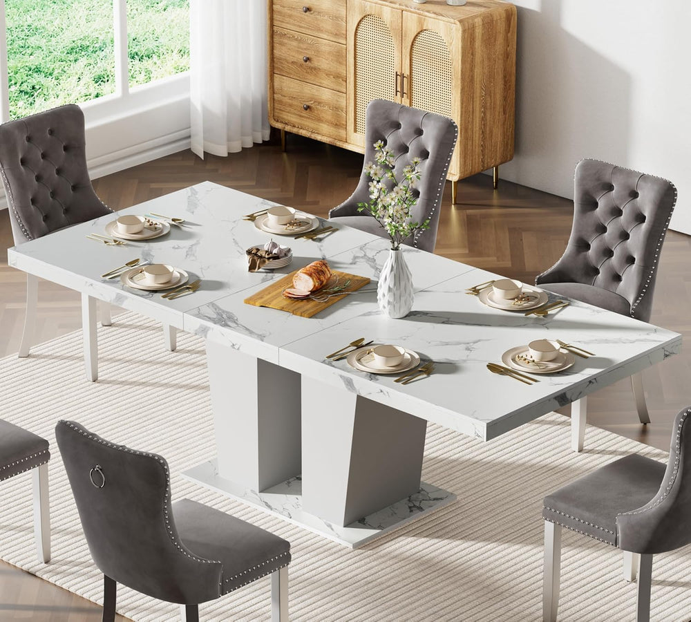 78.74" Extendable Dining Table for 6 8 10 Person, Modern White Faux Marb...