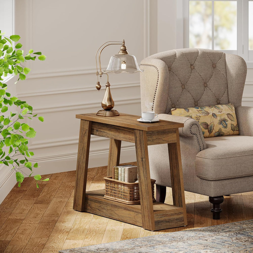 Tribesigns Wood End Table, Small Side Table with 2 Storage Shelves, Rustic Ac...