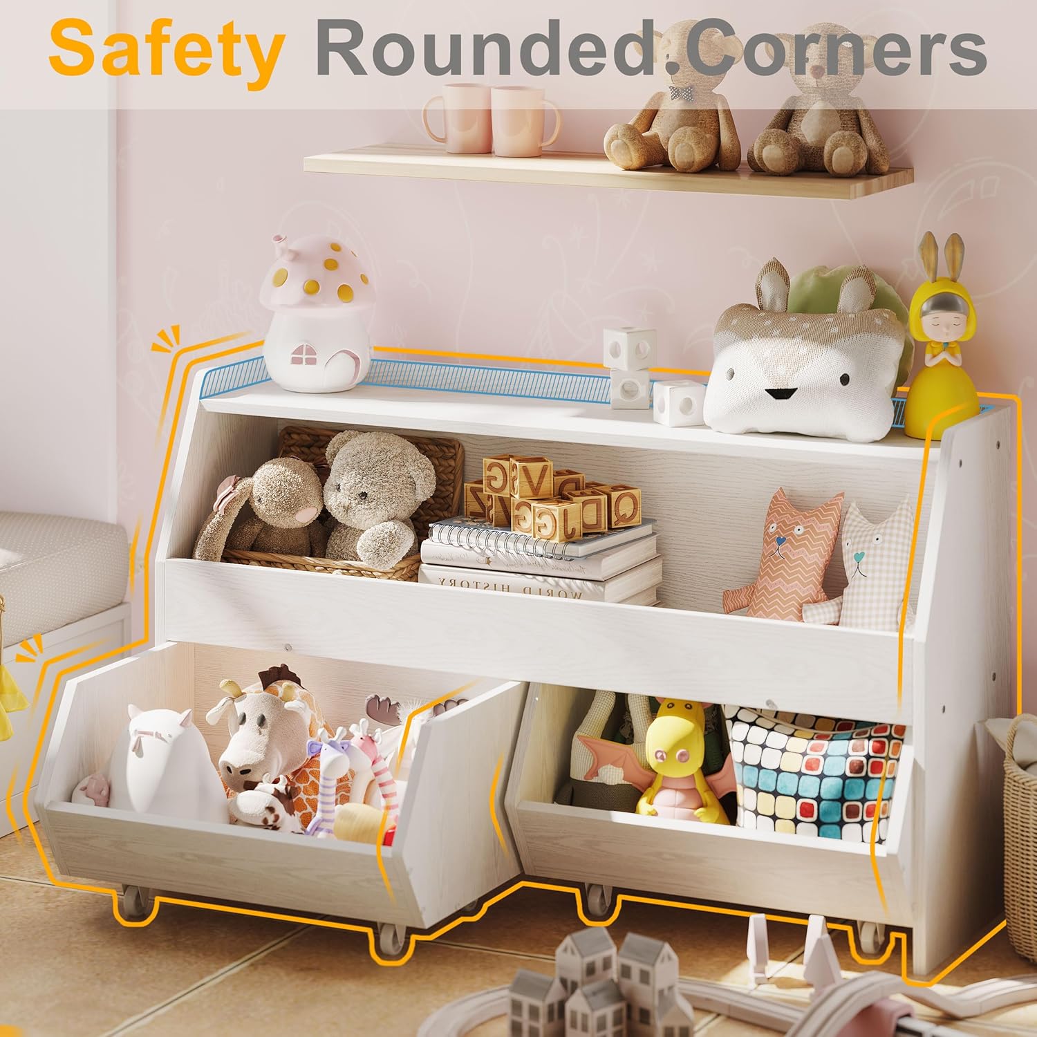 Toy Storage Organizer for Kids, Toy Storage Cabinet with Drawers, Boys and Girls Toy Shelf with Wheels, Toy Organizer Kids Bookshelf with Storage for Nursery, Playroom, Bedroom (White)