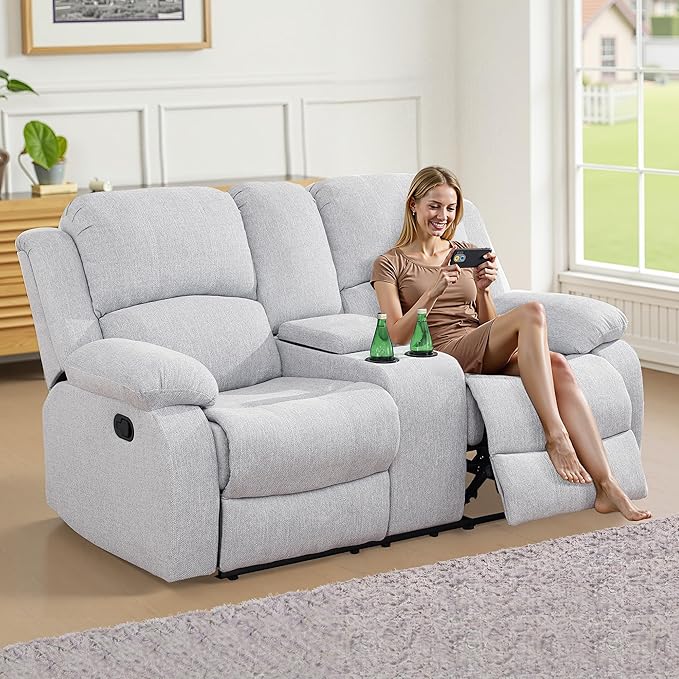 Recliner Sofa Set Couches for Living Room Chair Line Fabric Living Room Furniture Sets, Adjusted Loveseat Reclining Couch Furniture Sofa Set for Theater Seating, Grey White