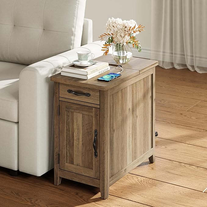 LINSY HOME Farmhouse End Table with Charging Station, Narrow Side Table for L...