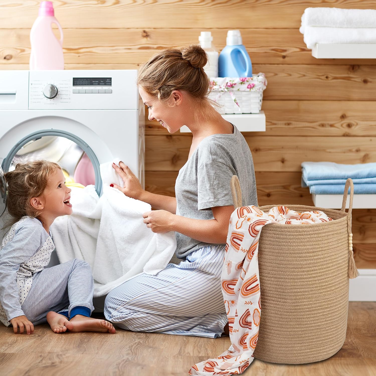 XUANGUO Rope Laundry Basket Laundry Hamper for Clothes Jute | Baby Nursery Hamper Bin and Woven Storage Basket for Living Room Bedroom Boho Tall Rope Baskets Blankets Toys Pillows Towels