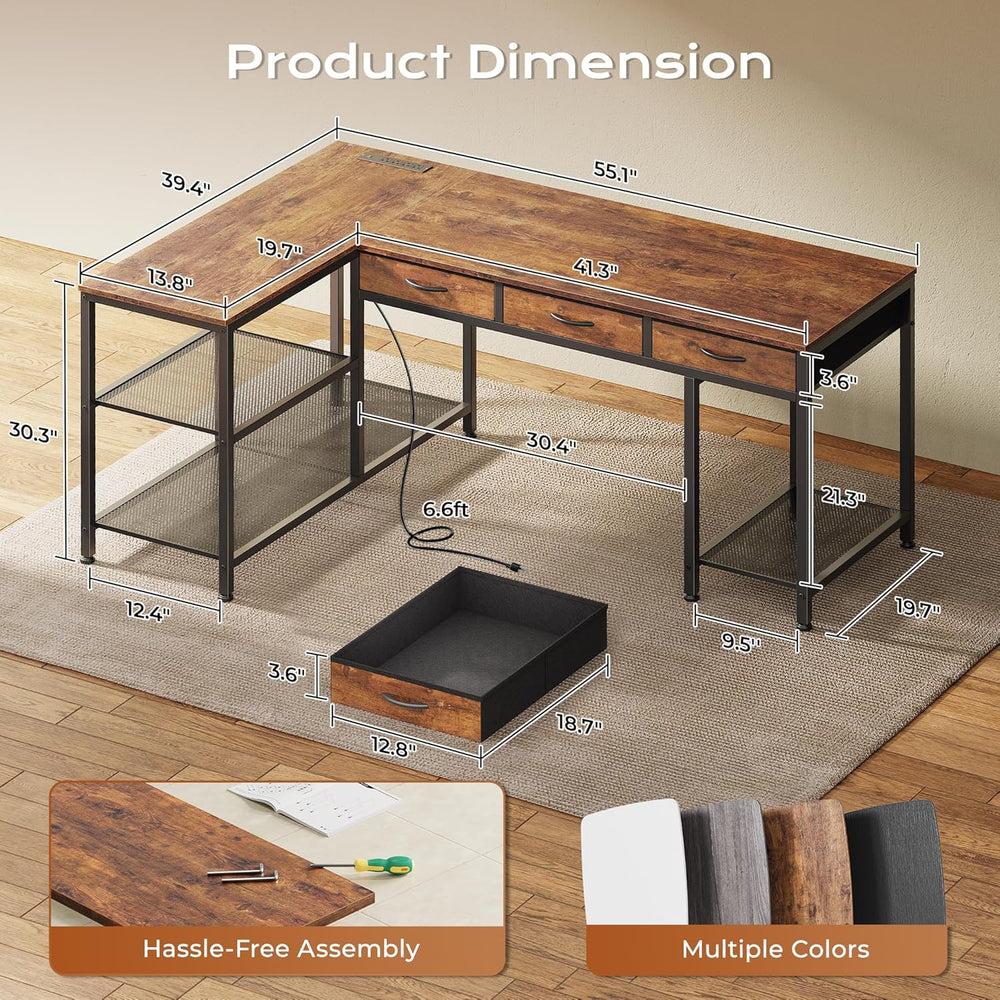PRAISUN 55 Inch L Shaped Office Desk with Power Outlets and Type-C Port, Larg...